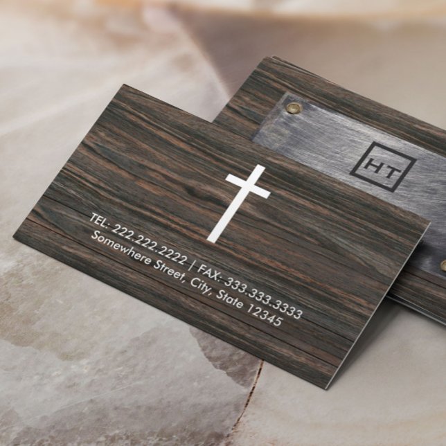 Monogram Initials Metal & Wood & White Cross Business Card (Creator Uploaded)