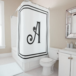 Monogram Initials Name Black White Custom Script  Shower Curtain