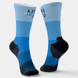 MONOGRAM INITIALS NAME BLUE GRADIENT LINE PATTERN SOCKS