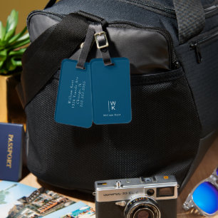 Monogram Initials + Name Simple Modern Dark Blue Luggage Tag