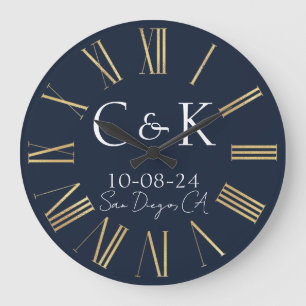 Monogram Initials Navy Blue Wedding Large Clock