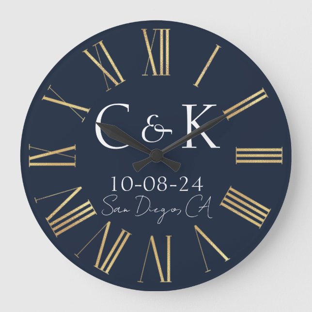 Monogram Initials Navy Blue Wedding Large Clock (Front)