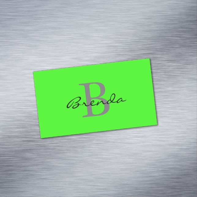 Monogram Initials Neon Green Colourful Custom Name Magnetic Business Card (In Situ)