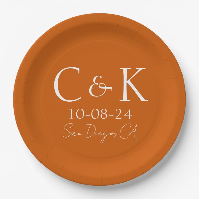 Monogram Initials on Burnt Orange Wedding Paper Plate (Front)