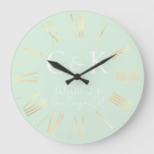 Monogram Initials on Mint Green Wedding Large Clock