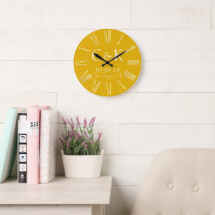 Monogram Initials on Mustard Yellow Wedding Large Clock