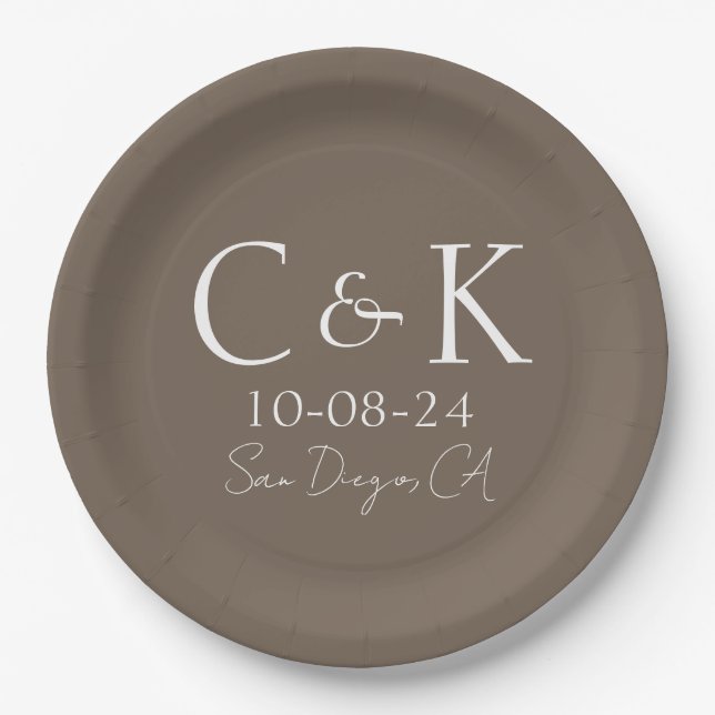 Monogram Initials on Shitake Brown Wedding Paper Plate (Front)