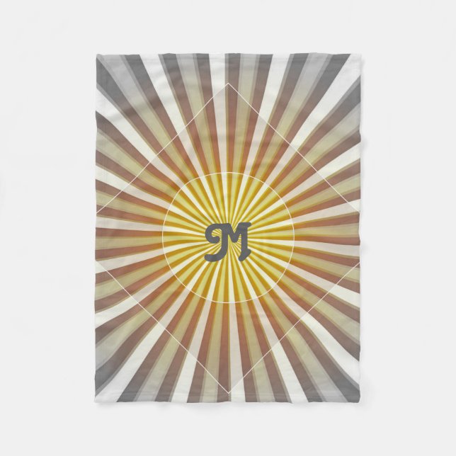 Monogram Initials on Starburst Stripes Grey Yellow Fleece Blanket (Front)