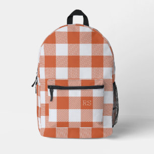 Monogram Initials Orange Gingham Buffalo Check Printed Backpack