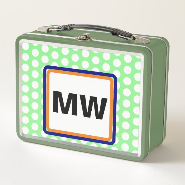 Monogram Initials Orange Green Polka Dot Metal Lunch Box (Front)