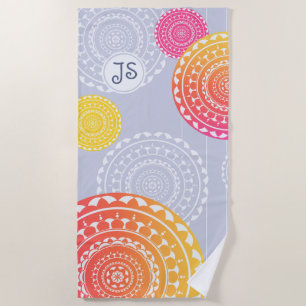 Monogram Initials Pink and Yellow Mandala Inspired Beach Towel