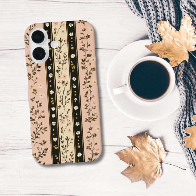 Monogram Initials Pink Beige Black Floral Stripes  Case-Mate iPhone Case (Pink beige black stripes watercolor florals iPhone case for her)