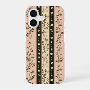 Monogram Initials Pink Beige Black Floral Stripes iPhone 16 Case