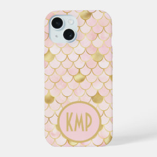 Monogram Initials Pink Blush Gold Mermaid Scales iPhone 15 Case