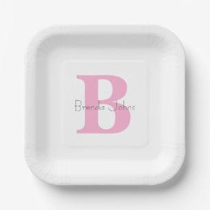 Monogram Initials Pink Custom Name Baby Shower Paper Plate