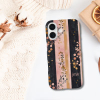 Monogram Initials Pink Gold Black Florals Stripes 