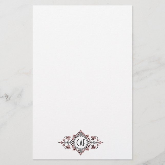 Monogram Initials Pink Grey Ornate Flourish  Stationery (Front)