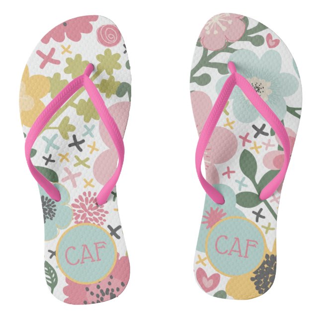Monogram Initials Pink Yellow Blue Green Floral  Jandals (Footbed)