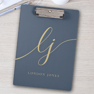Monogram Initials Professional Gold Script Navy Clipboard