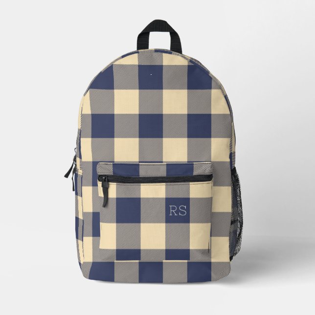 Monogram Initials Purple Gingham Buffalo Check Printed Backpack (Front)