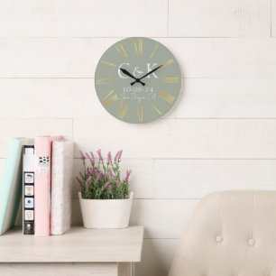 Monogram Initials Sage Green Wedding Large Clock