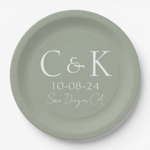 Monogram Initials Sage Green Wedding Paper Plate