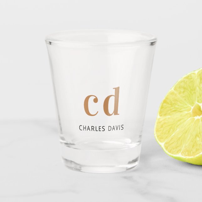 Monogram initials script black gold  shot glass (Front)