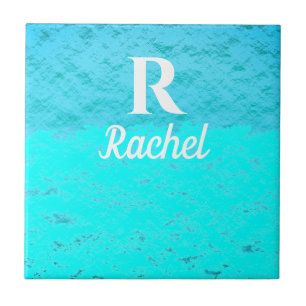 Monogram Initials Teal Blue Turquoise Pastel Ombre Tile
