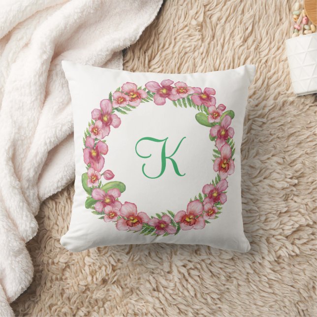 Monogram Initials Trendy Pink Green Floral  Cushion (Blanket)