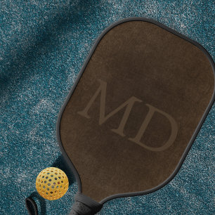 Monogram initials vintage brown leather look pickleball paddle