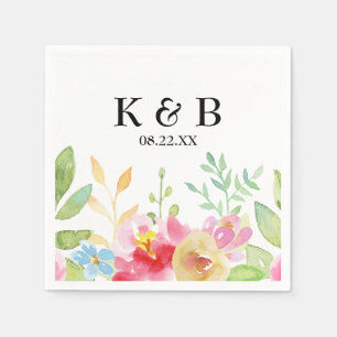 Monogram Initials w/ Date and Watercolor Flowers Napkin