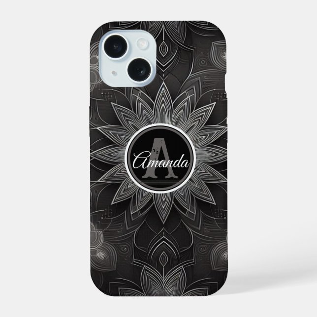 Monogram Intricate Black and White Floral Mandala iPhone 15 Case (Back)