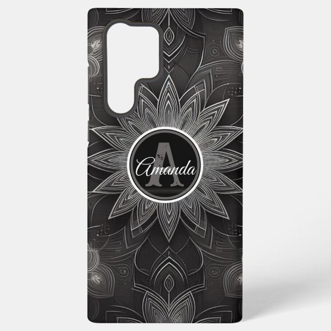 Monogram Intricate Black and White Floral Mandala Samsung Galaxy S22 Ultra Case (Back)