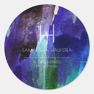 Monogram Iridescent Indigo Brushed Watercolor Classic Round Sticker