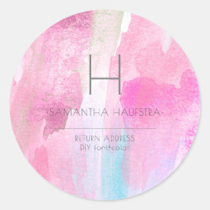 Monogram Iridescent Pink Rose Brushed Watercolor Classic Round Sticker