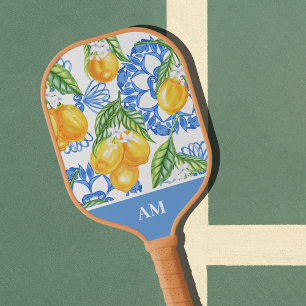 Monogram Italian Lemon Blue Tiles Pattern Pickleball Paddle