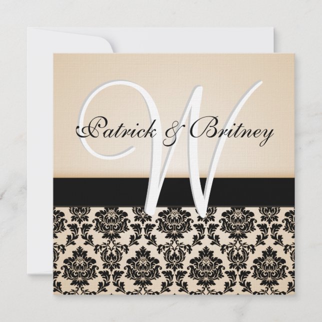 Monogram Ivory  & Black Damask Wedding Invitations (Front)