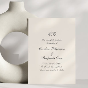 Monogram Ivory Black Formal Traditional Wedding Invitation