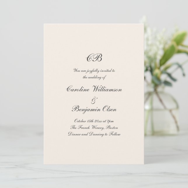 Monogram Ivory Black Formal Traditional Wedding Invitation (Standing Front)