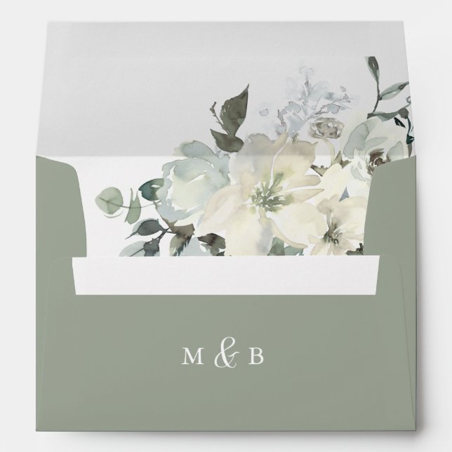 Monogram Ivory Sage Floral Return Address Envelope (Back (Bottom))
