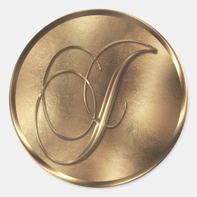 Monogram J Bronze Wedding Invitation Holiday Classic Round Sticker (Front)