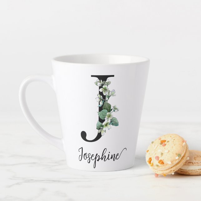 Monogram J Custom Name Jasmine Flowers Elegant Latte Mug (In Situ)