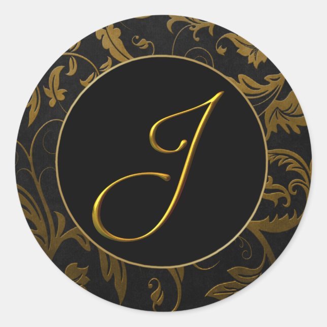 Monogram J Gold and Black Damask Wedding Seal (Front)