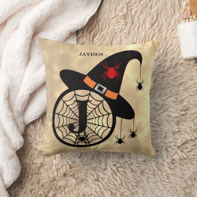 Monogram J Halloween Sky Witch Spiders Name Cushion (Blanket)