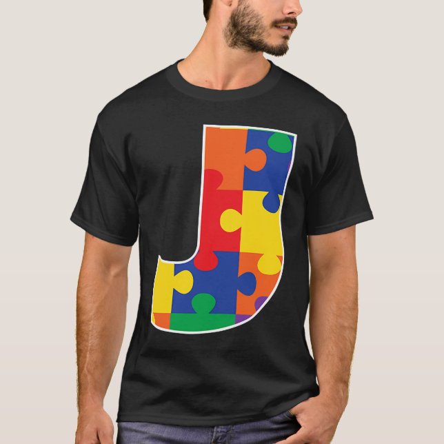 Monogram J in Multi Colour Puzzle Pieces T-Shirt (Front)