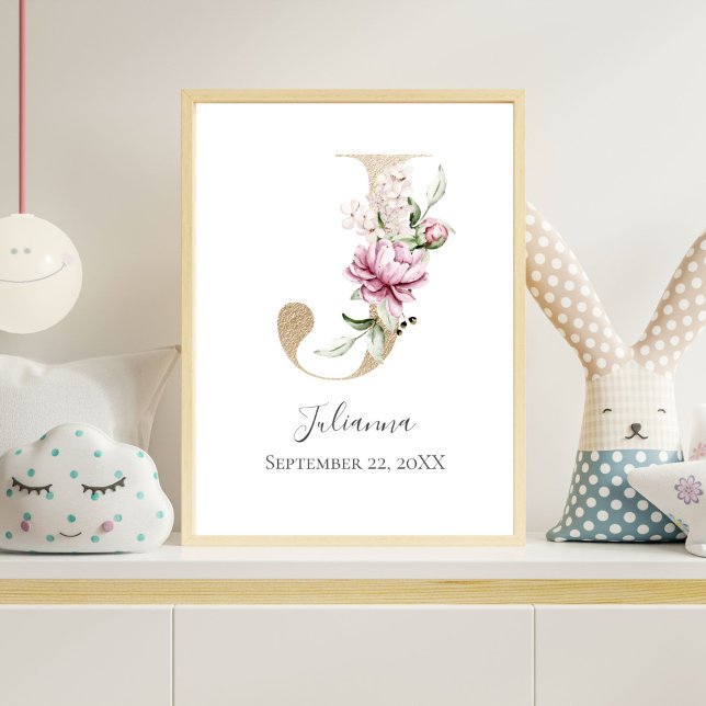 Monogram J Pink White Floral Gold Letter Nursery  Poster (Gold Monogram Letter J, Pink Floral Watercolor Nursery Wall Art)