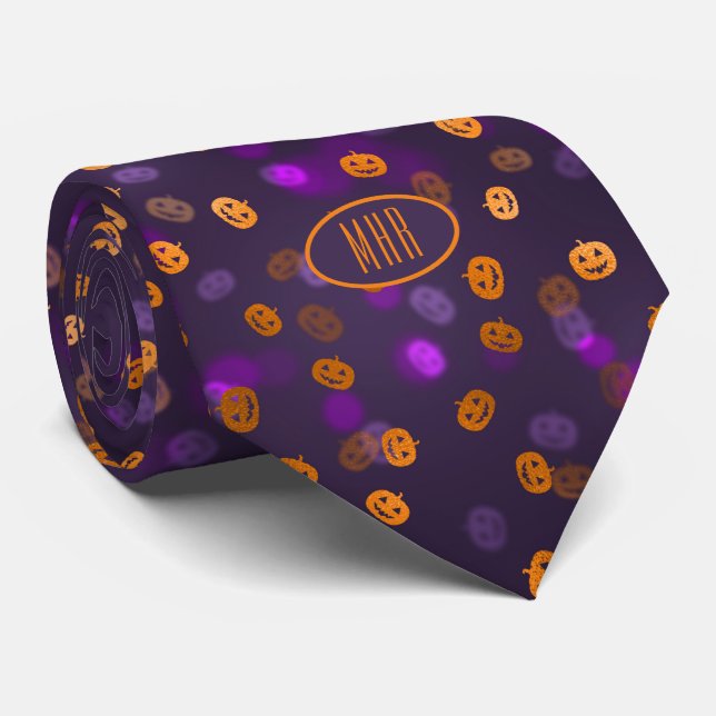 Monogram Jack o Lanterns Halloween Party Necktie (Rolled)