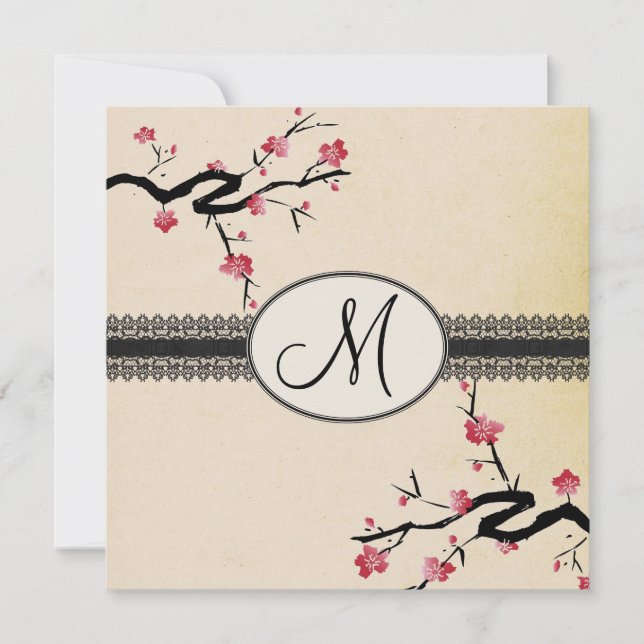 monogram japanese cherry blossom wedding invitation (Front)