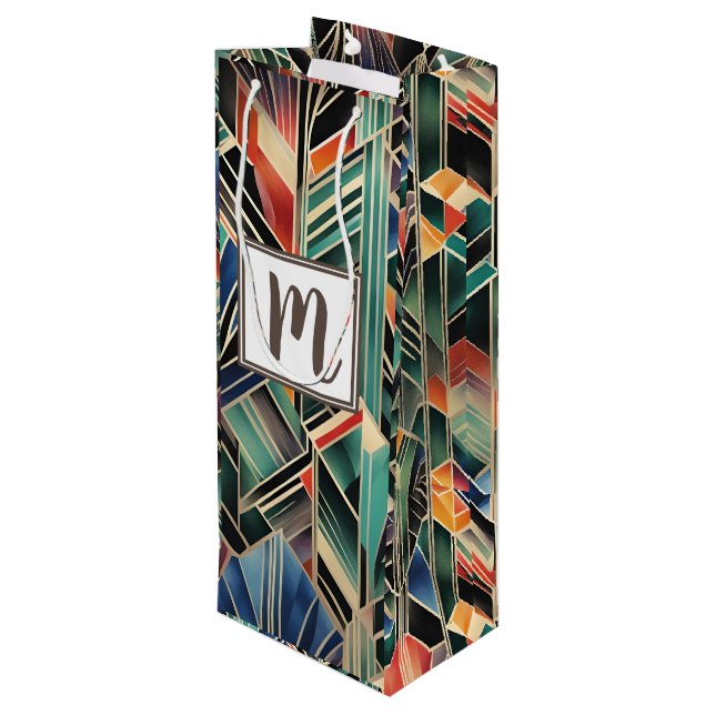  Monogram Jazzy Geometric  Elegant Classic Boho  Wine Gift Bag (Back Angled)