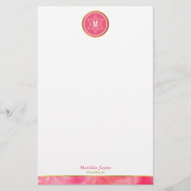 MONOGRAM jewish star bold block coral pink gold Stationery (Front)